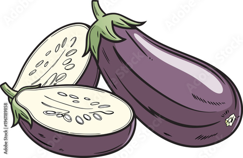 Fresh Eggplant Vegetable Healthy Food. Purple Eggplant Organic Farm Produce. Whole Eggplant Natural Food Ingredient. Eggplant Vegetable Isolated Food Item. Sliced Eggplant Cooking Ingredient Concept.