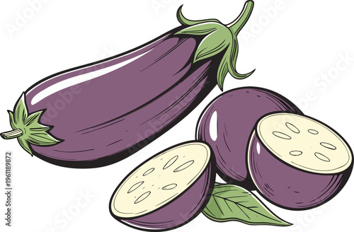 Fresh Eggplant Vegetable Healthy Food. Purple Eggplant Organic Farm Produce. Whole Eggplant Natural Food Ingredient. Eggplant Vegetable Isolated Food Item. Sliced Eggplant Cooking Ingredient Concept.