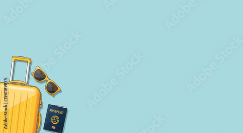 Minimal Summer Vacation Travel Concept Background with Luggage and Passport, an Aesthetic Design Template for Banner and Holiday Promo with Ample Copy Space