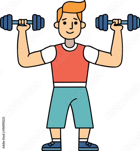 man lifting light dumbbells exercise, fitness lifestyle flat vector illustration, white background