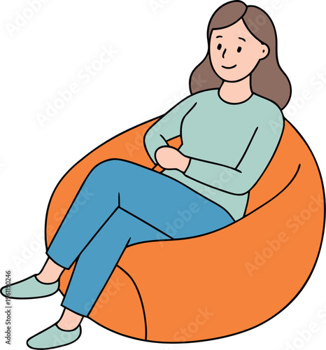 woman relaxing in bean bag chair, cozy lifestyle flat vector illustration, white background