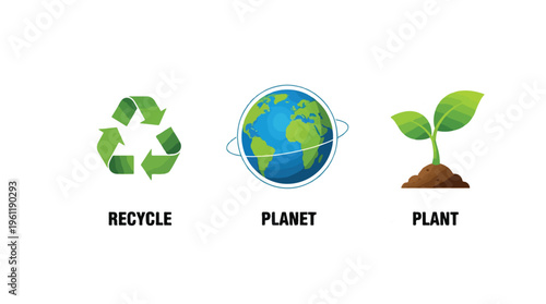 Eco friendly icons set with recycle symbol, globe and plant in brown and green colors for environmental conservation