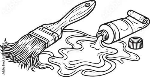 Black and white line drawing of paintbrush with open paint tube creative illustration symbolizing artistic tools and creative process