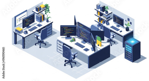 Isometric View of Modern Software Development Workstations with Multiple Monitors.