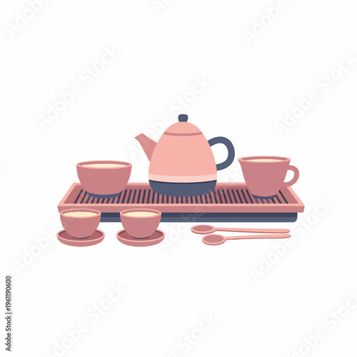 Pink tea set with cups and teapot.