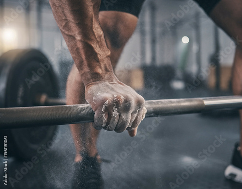 Close up of hand with chalk gripping barbell