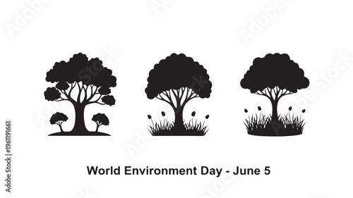Black tree silhouettes in grass with falling leaves on white background for World Environment Day