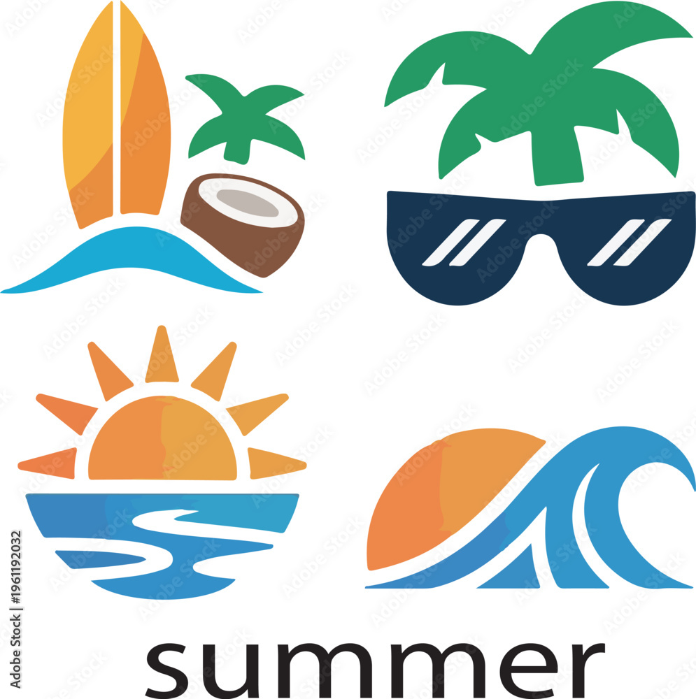 Obraz premium summer logo icon set in flat vector style, featuring sun, palm tree, sunglasses, waves, and tropical elements .