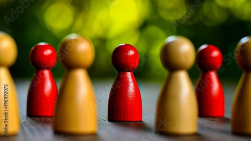 Wooden figures standing in group with one red leader individuality concept