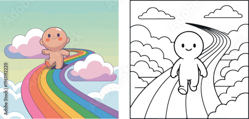kid child baby walking on rainbow in cloud vector illustration for children coloring book clipart and lineart