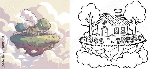 floating island with cozy house in cloud vector illustration for children coloring book clipart and lineart