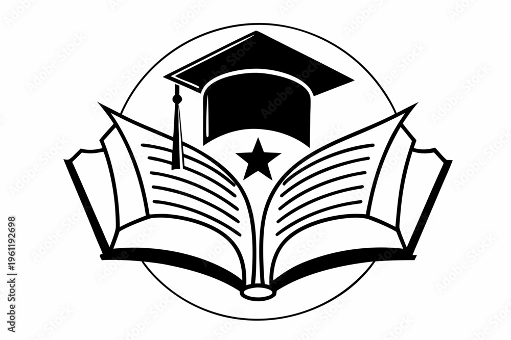 Fototapeta premium A minimalist vector graphic of an open book with a graduation cap and star