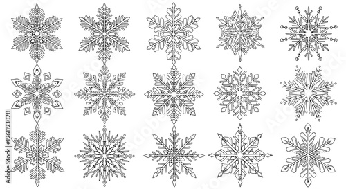 Snowflakes decorative line icons with intricate crystalline patterns for winter holidays and design elements.