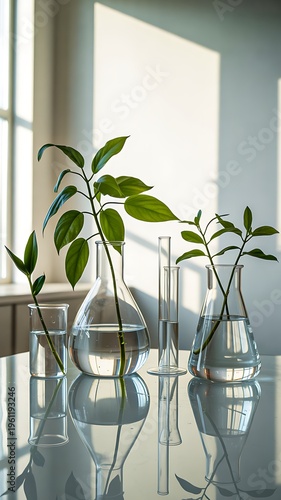 Modern interior with glass vases and green plants by window light