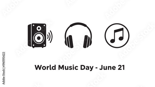Music icons on white background for World Music Day on June 21 in flat design style with black and white colors in simple line art format for music and event promotions
