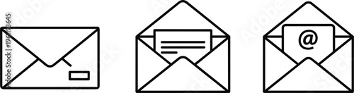 Collection of Email and Envelope Icons Featuring Open, Closed, and Email Symbols for Communication Designs