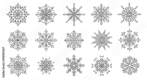 Snowflakes intricate line art set with detailed patterns and symmetrical designs featuring winter, cold, ice with frost and snow elements for