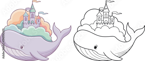 island with tiny castle and flags on whale in cloud vector illustration for children coloring book clipart and lineart