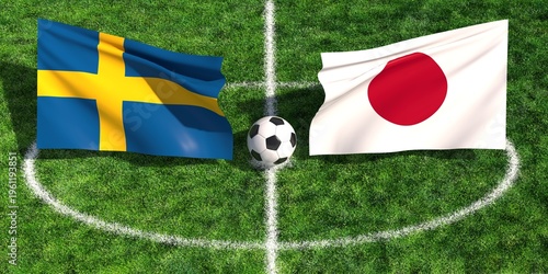 Sweden and Japan national flags on a green soccer field pitch with a football