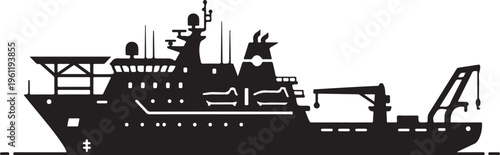 Black silhouette cargo ship, industrial vessel, commercial boat, vector illustration