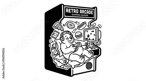 Minimalist Arcade Cabinet with Lazy Cartoon Gamer Line Art, Monochrome Vector Illustration of Retro Gaming Culture