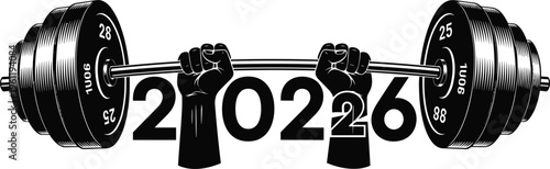 Black and White Illustration of a Barbell with Hands Holding Weights and the Year 2026 for Fitness and Strength Themes