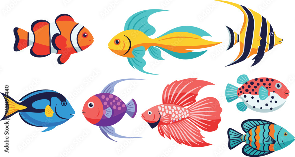 Fototapeta premium Colorful tropical fish collection with exotic marine species vibrant underwater animals cartoon vector illustration set for aquarium design