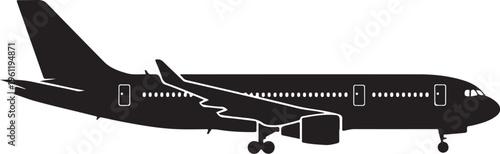 Airplane silhouette, black aircraft icon, commercial plane vector, travel symbol