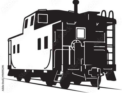 Black and white train caboose vector, railroad car illustration, locomotive graphics, train icon