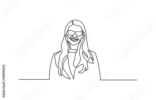 Continuous one line drawing of businesswoman wearing glasses portrait. Minimalist smart professional and corporate employee concept vecto