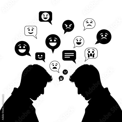 Two people with emotional speech bubbles.