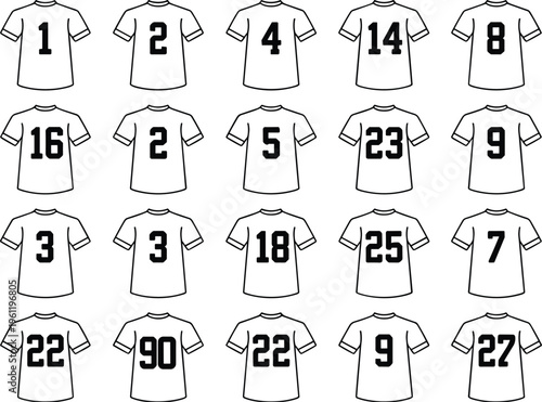 Numbered t-shirt grid illustration, bold digits, colorful apparel, sports jersey style, pattern recognition, educational design, playful fashion, creative artwork