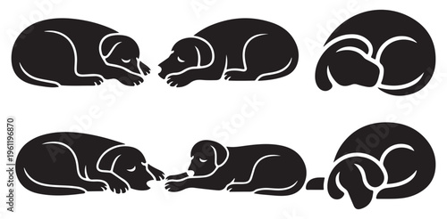 Sleeping and lying dog silhouettes, resting pet animal poses set. vector illustration eps 10