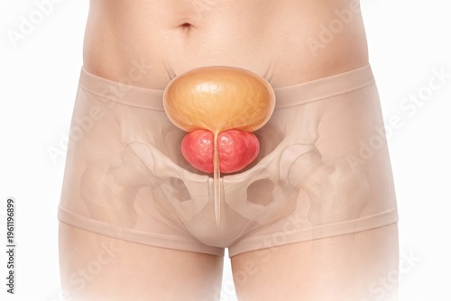 Benign prostatic hyperplasia medical illustration showing male pelvis with enlarged prostate beneath bladder in urology concept for diagnosis mens health education and pathology