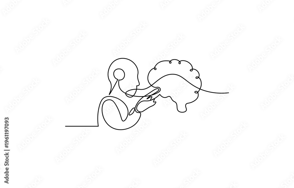 Obraz premium Continuous one line drawing of human head with brain. Minimalist psychology, artificial intelligence and mental health concept vector.