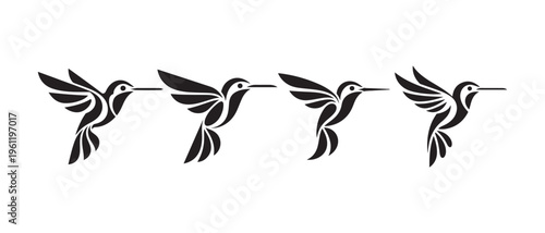 Black Silhouette Hummingbirds in Flight Against White Background.