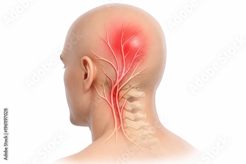 Occipital neuralgia medical illustration showing human head and upper neck with unilateral occipital nerve pain pathway in neurology concept for diagnosis health education and care