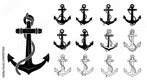 Anchors nautical set with various designs and styles featuring anchor, ship, boat with marine and symbol elements for design, vector projects, clean
