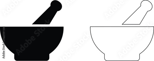 Minimalist mortar and pestle vector icons, black silhouette and outline pharmacy bowl symbols, medical laboratory grinding tools for healthcare design