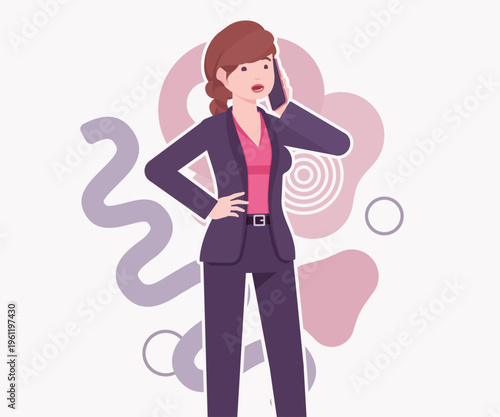 A confident female manager talks on a mobile phone during a busy workday in a corporate office. Modern character design is presented in a clean 2D flat vector illustration style quality artworks.