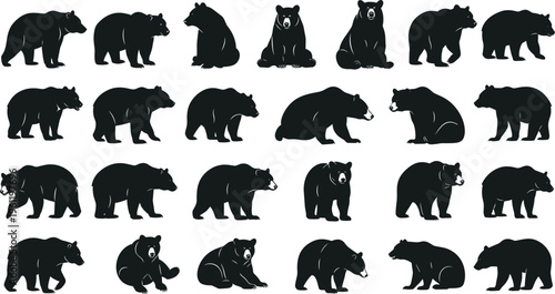 Large set of black bear silhouettes in various poses including walking, sitting, and standing, isolated on a clean white background.