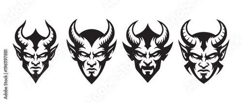 Black and White Devil Face Emblems with Horns and Intense Expressions.