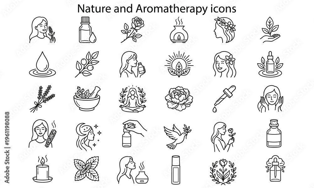 Fototapeta premium Set of hand-drawn nature and aromatherapy icons for wellness and relaxation design