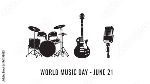 Music instruments black silhouettes in simple minimalist style with dark shadows on white background for World Music Day June 21