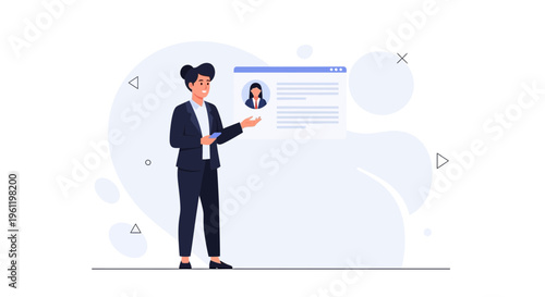 Woman presenting profile on screen, online cv, job search, recruitment, hr concept