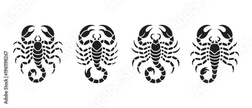 Scorpion Icons set. on White Background, Symmetrical Minimalist Graphic Design Element for Zodiac Signs.