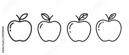 Minimalist Line Art Apple Icons Isolated on White. Simple Outline Vector Illustration for Healthy Eating and Nutrition Concepts.