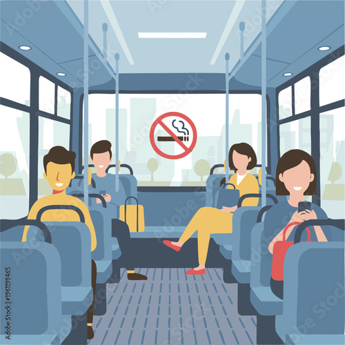 Bus interior with passengers and no smoking symbol on.