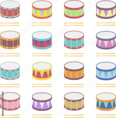 Colorful drum set icons with drumsticks flat vector illustration for music education and creative designs