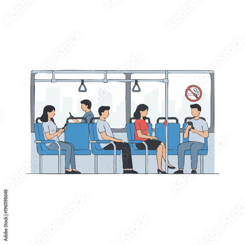 Bus interior with passengers and no smoking sign.